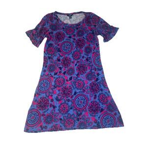 Hatley Dress Women's Size M Vibrant Blue Pink Knit Cotton Retro Short Sleeve